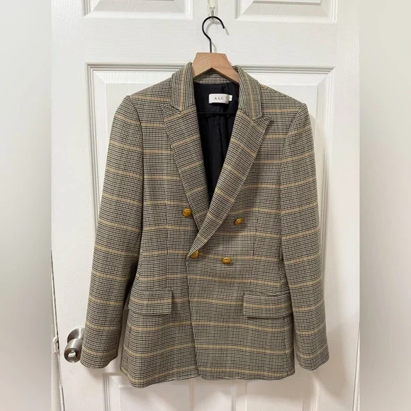 ALC Sedgwick Green Yellow Plaid Gold Double Breasted Blazer Preppy Fall Tailored - Picture 2 of 16